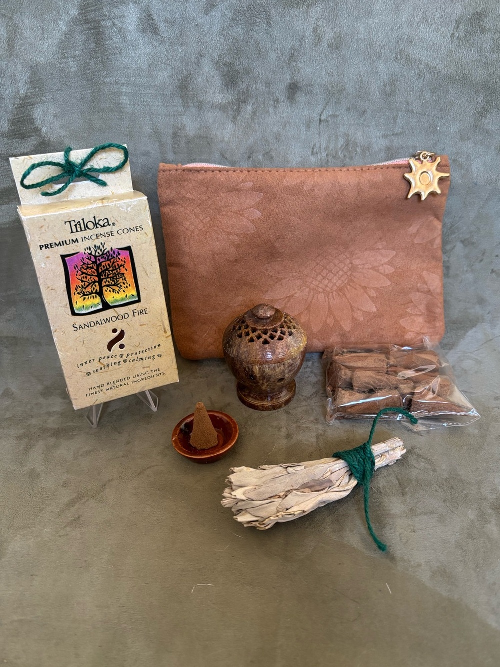 Boho Spiritual Cleansing Kit Soapstone Dome Burner + Sandalwood Incense Gift Set - Picture 2 of 16